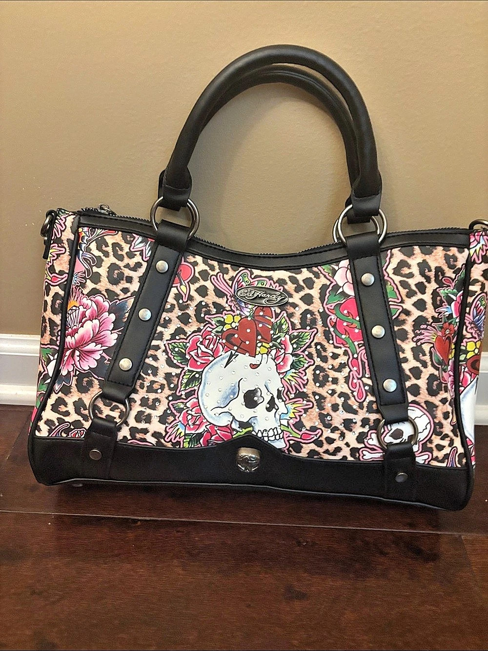 Ed Hardy Leopard Skull Tattoo Satchel Shoulder Bag Pink & Black